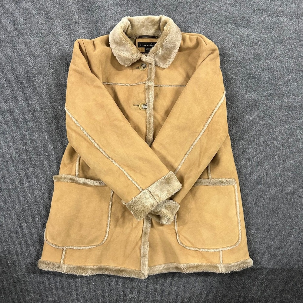 1 Madison Coat Womens Size Medium Tan Faux Suede Fur Lined Button Up Jacket
